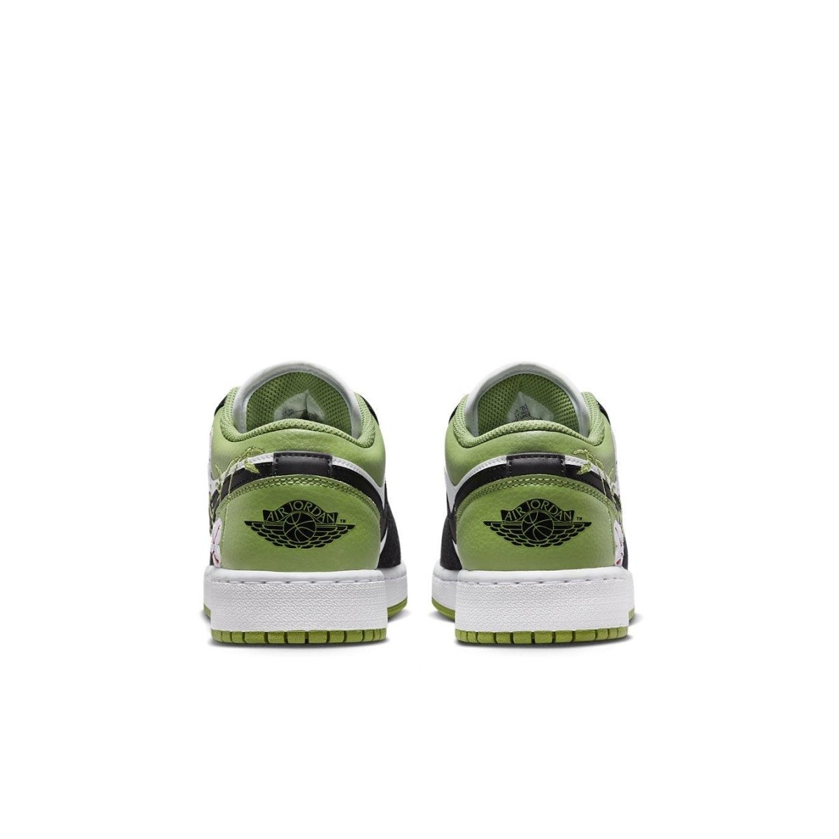 Air Jordan 1 Low SE Floral Vines in white leather with green accents and floral details on the sides, viewed from the back.