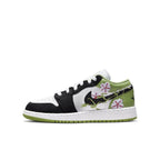 Jordan 1 Low SE Floral Vines sneaker featuring white leather, black overlays, and floral designs on the Swoosh.