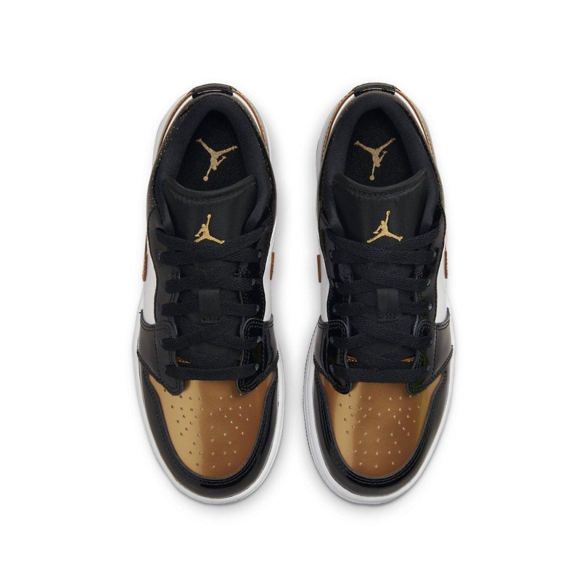 Jordan 1 Low SE Gold Toe (GS) sneaker featuring black, gold, and white colorway with perforated gold toe.