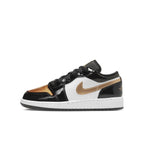 Jordan 1 Low SE Gold Toe (GS) in black, white, and gold patent leather, featuring a golden Swoosh and accents.