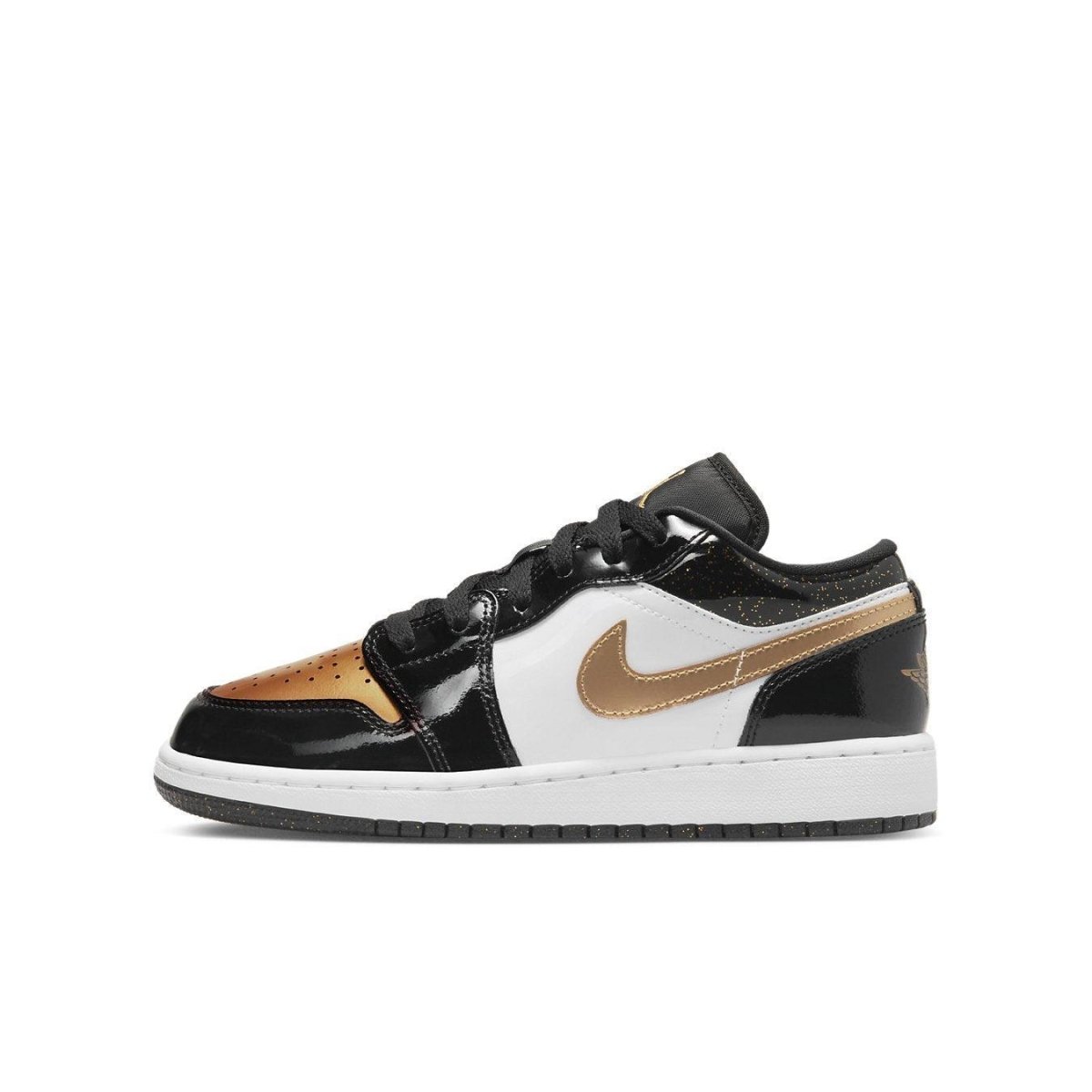 Jordan 1 Low SE Gold Toe (GS) in black, white, and gold patent leather, featuring a golden Swoosh and accents.