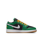 Air Jordan 1 Low SE Holiday Special 2022 featuring festive green and black design with yellow laces and red Jumpman logo.