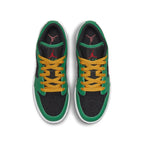 Top view of Jordan 1 Low SE Holiday Special (2022) in black leather with green and yellow accents, festive design.