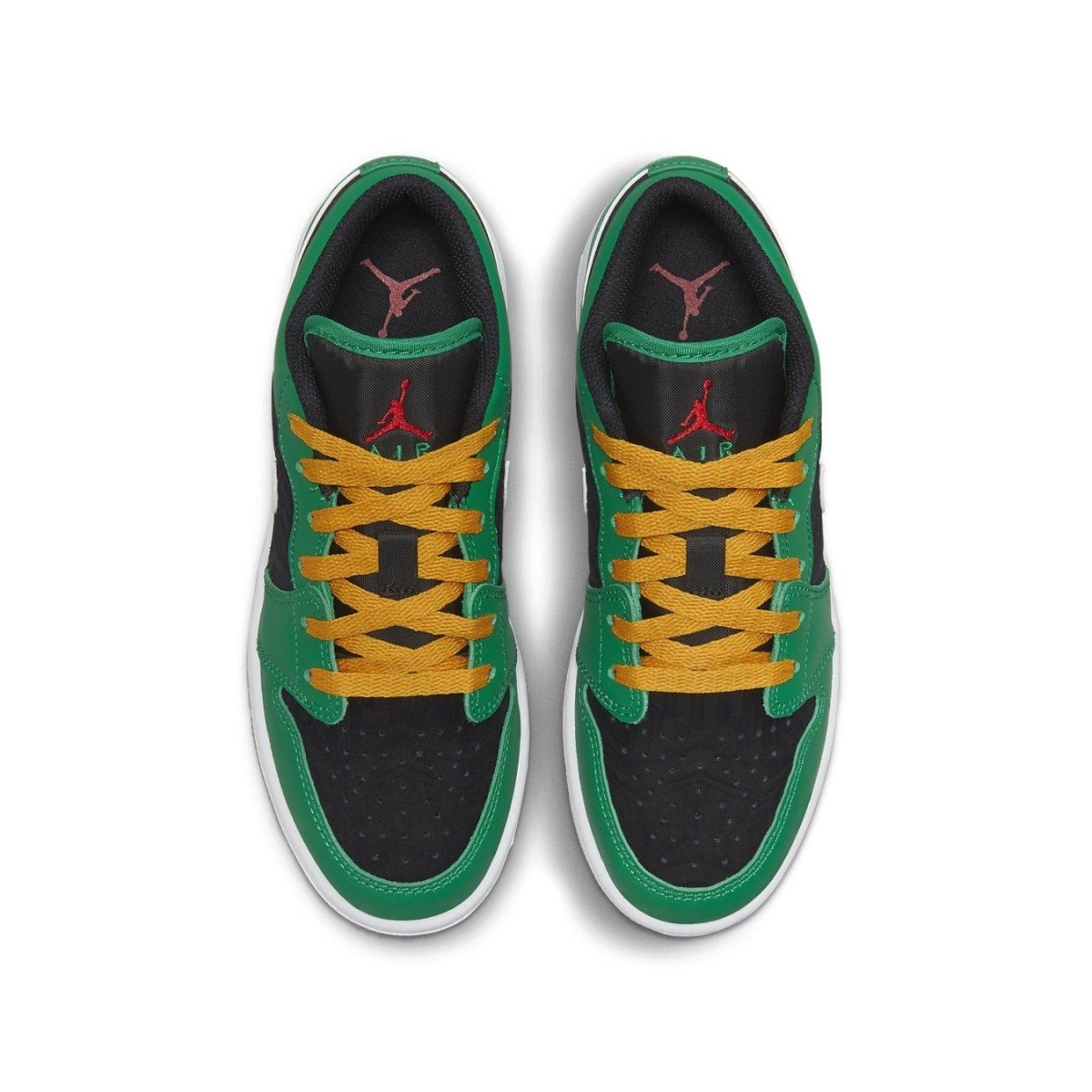 Top view of Jordan 1 Low SE Holiday Special (2022) in black leather with green and yellow accents, festive design.