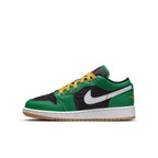 Air Jordan 1 Low SE Holiday Special 2022 in green and black with festive details and yellow laces.