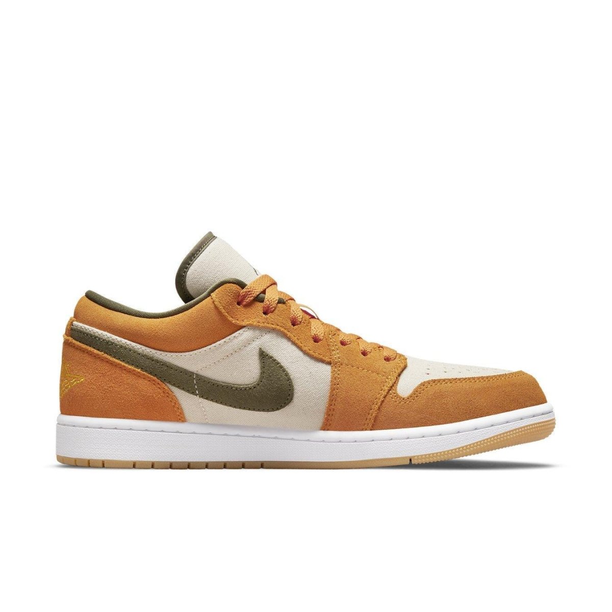 Nike Air Jordan 1 Low SE Light Curry sneaker with orange suede and olive green accents.