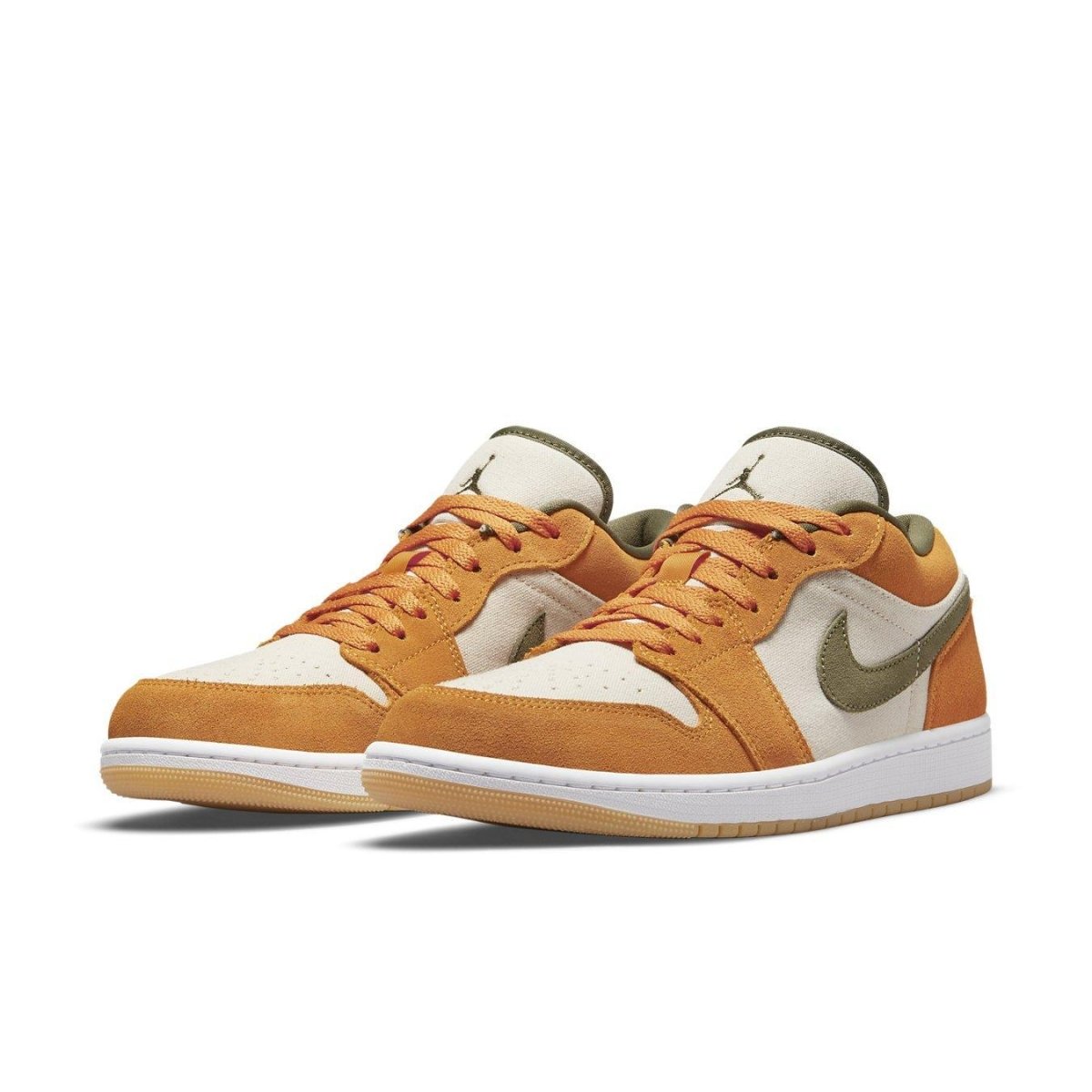 Jordan 1 Low SE Light Curry sneaker featuring a white canvas base, orange suede overlays, and olive green details.