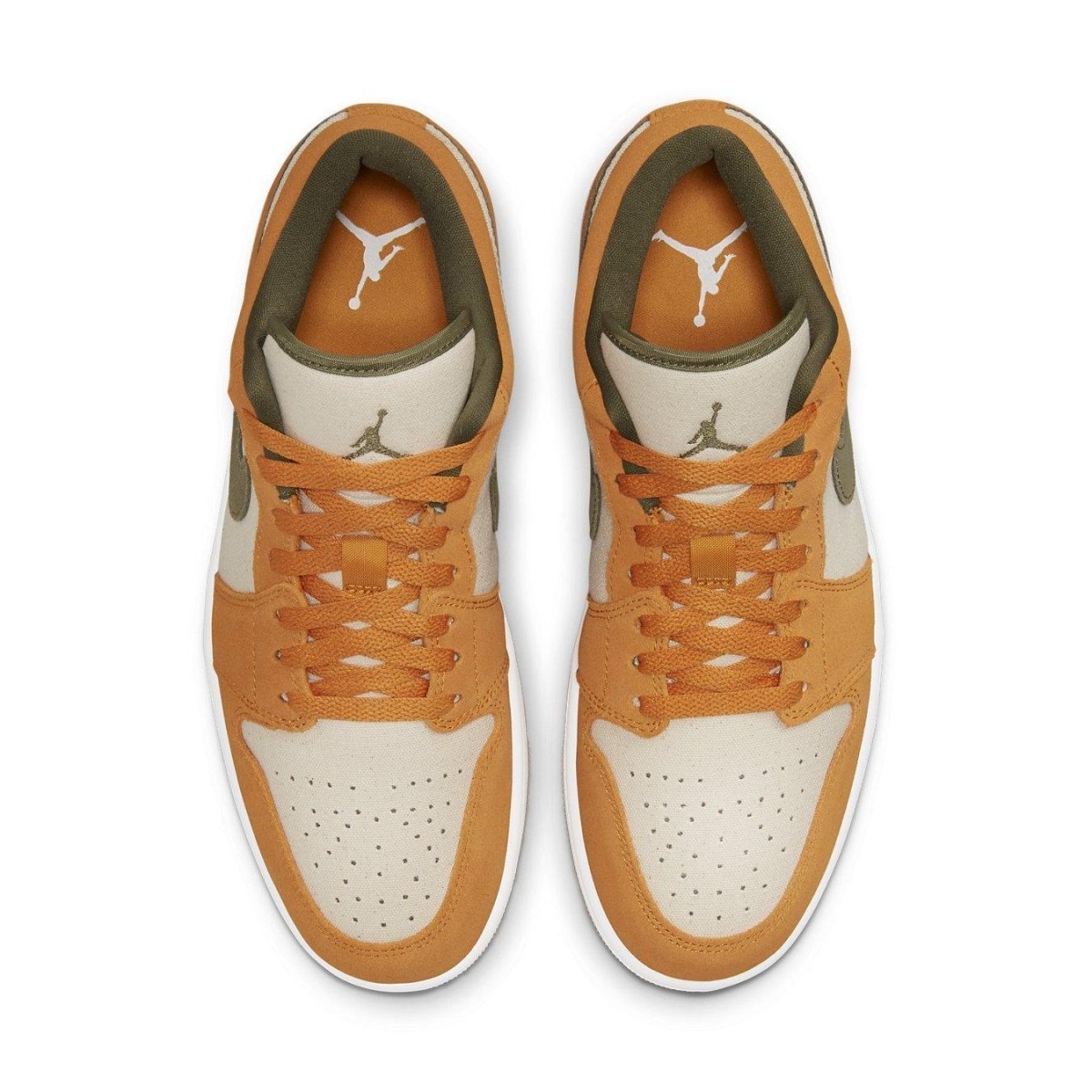Top view of Air Jordan 1 Low SE Light Curry with orange and olive suede accents on a beige canvas base.