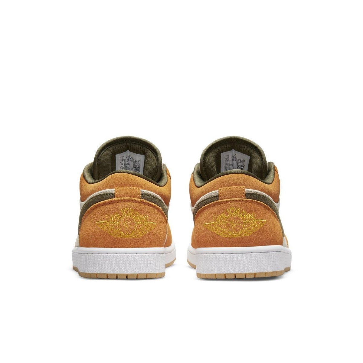 Rear view of Air Jordan 1 Low SE Light Curry featuring orange suede and olive accents with Jumpman logo.