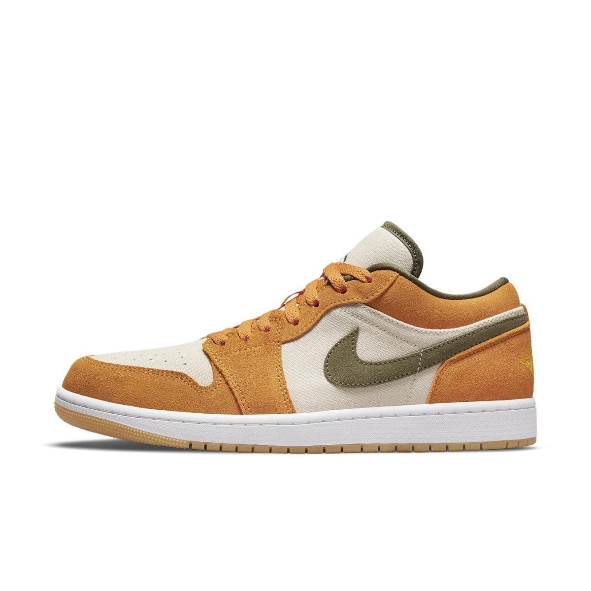 Air Jordan 1 Low SE Light Curry in white, orange, and olive green suede, side view showcasing its stylish design.