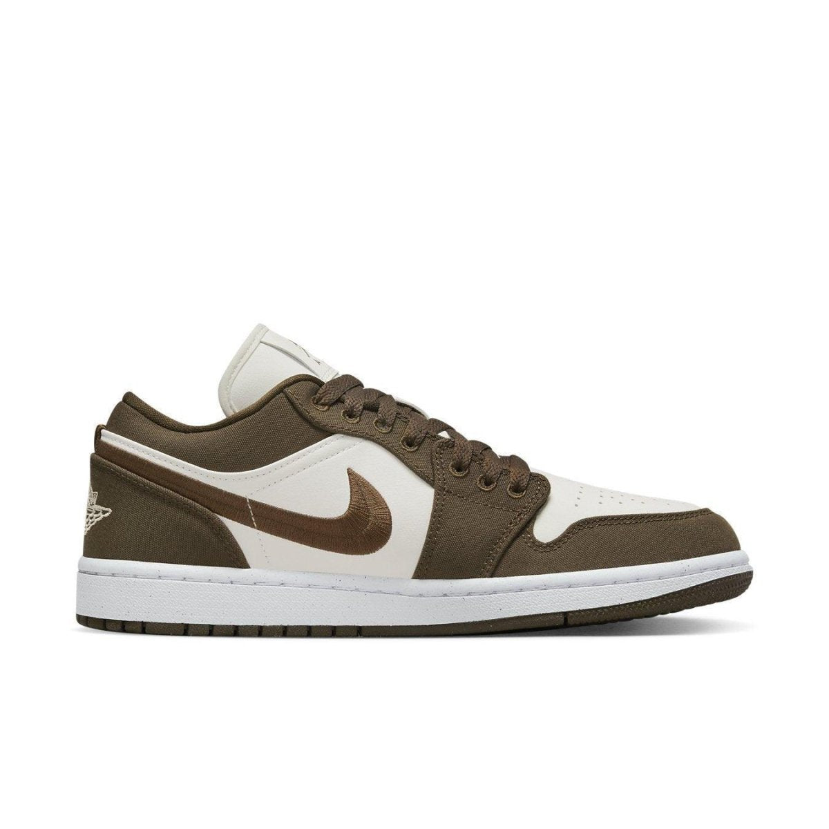 Nike Air Jordan 1 Low SE Light Olive Women’s sneaker with white and olive green design.