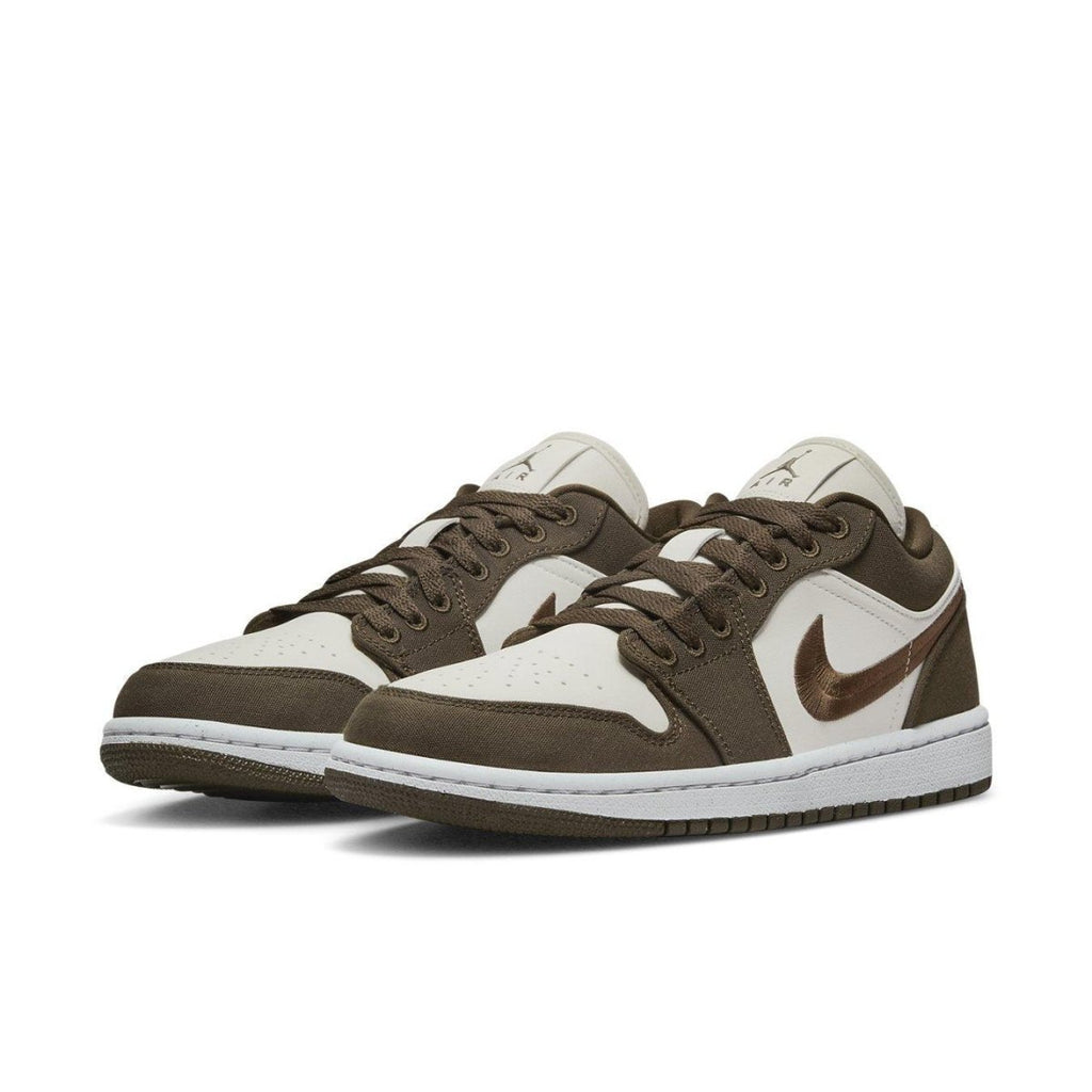 Jordan 1 Low SE Light Olive women's sneakers in olive green and white, featuring a stylish design and embroidered Swoosh.