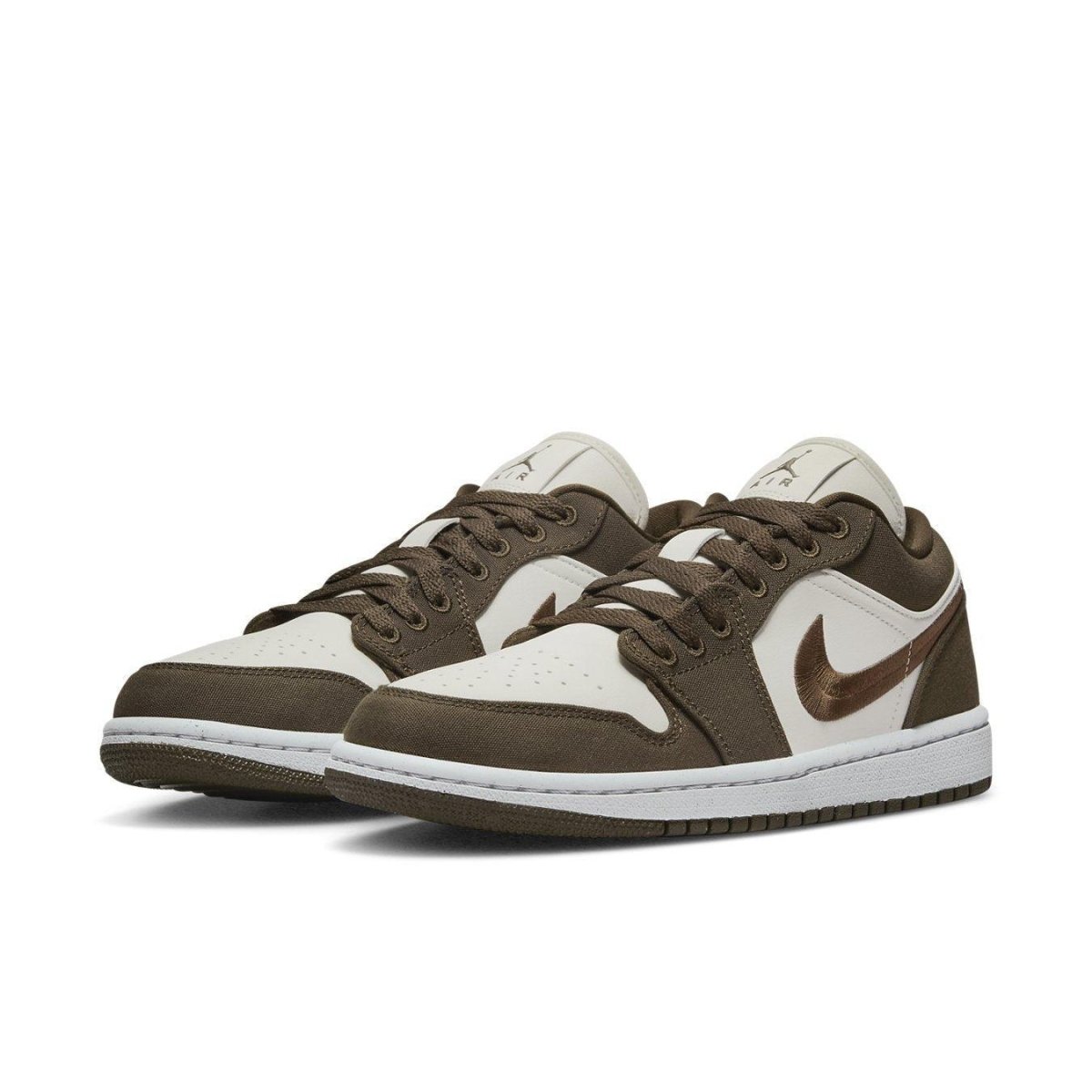 Jordan 1 Low SE Light Olive women's sneakers in olive green and white, featuring a stylish design and embroidered Swoosh.