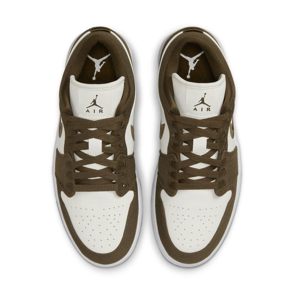 Top view of Air Jordan 1 Low SE Light Olive sneakers with white and olive green colorway.