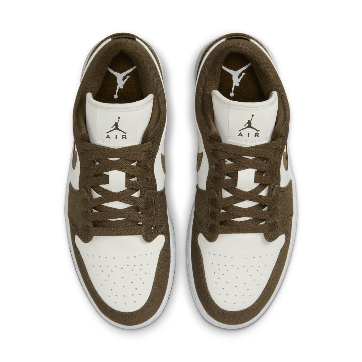 Top view of Air Jordan 1 Low SE Light Olive sneakers with white and olive green colorway.