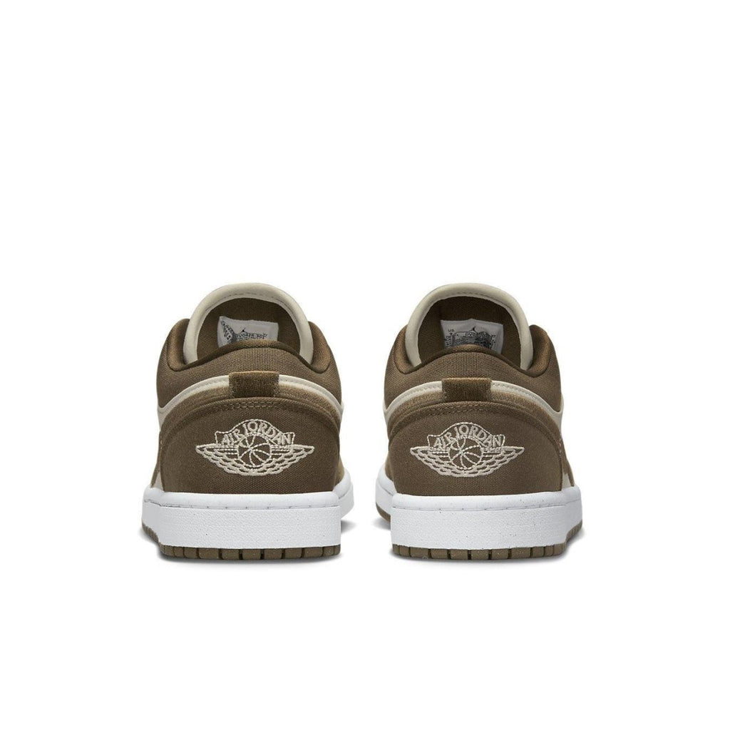 Rear view of Air Jordan 1 Low SE Light Olive shoes with retro Wings logo and contrasting olive tones.