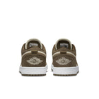 Rear view of Air Jordan 1 Low SE Light Olive shoes with retro Wings logo and contrasting olive tones.