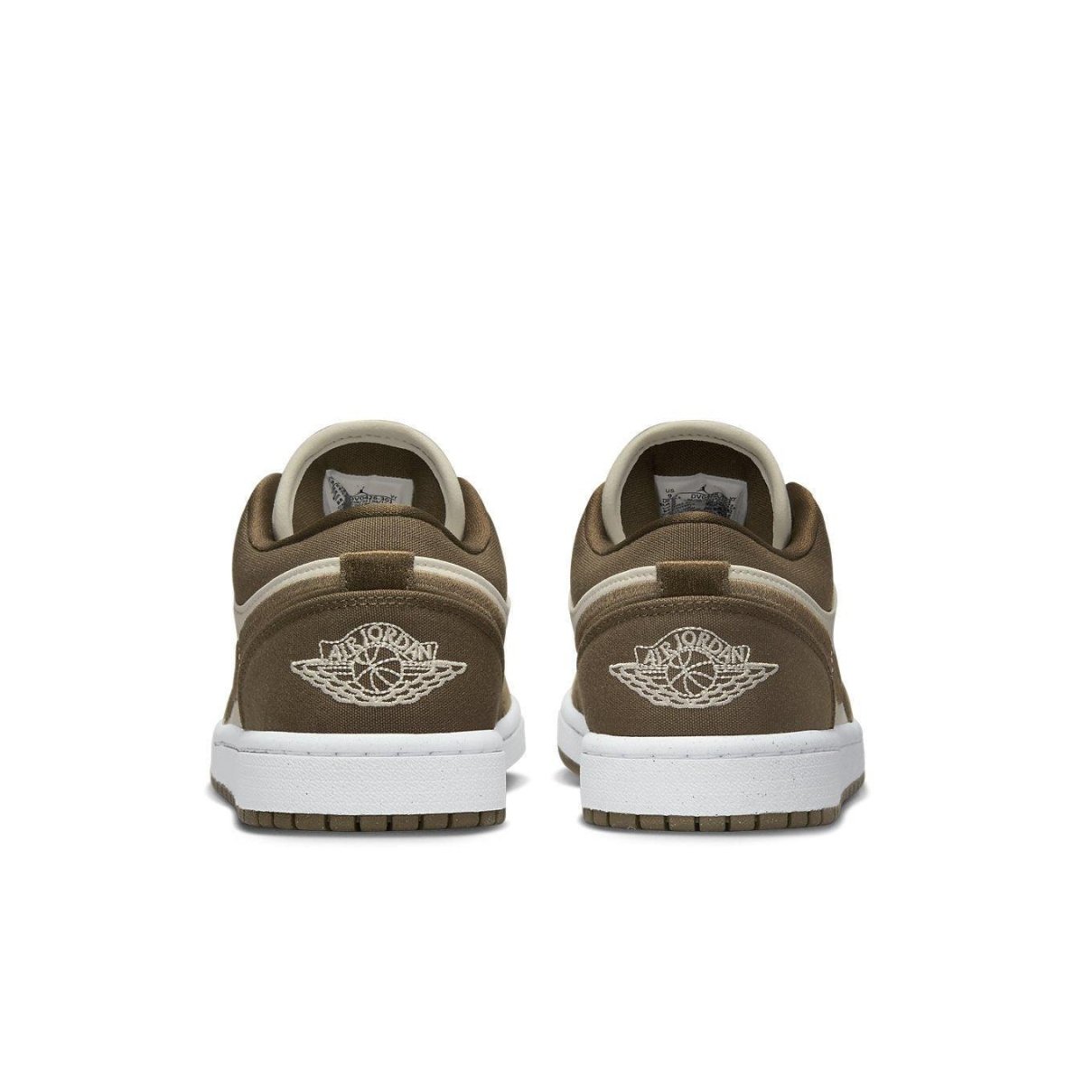 Rear view of Air Jordan 1 Low SE Light Olive shoes with retro Wings logo and contrasting olive tones.