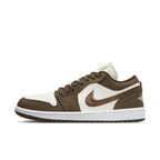 Jordan 1 Low SE Light Olive women's sneaker in white and olive green with embroidered Swoosh and retro Wings logo.