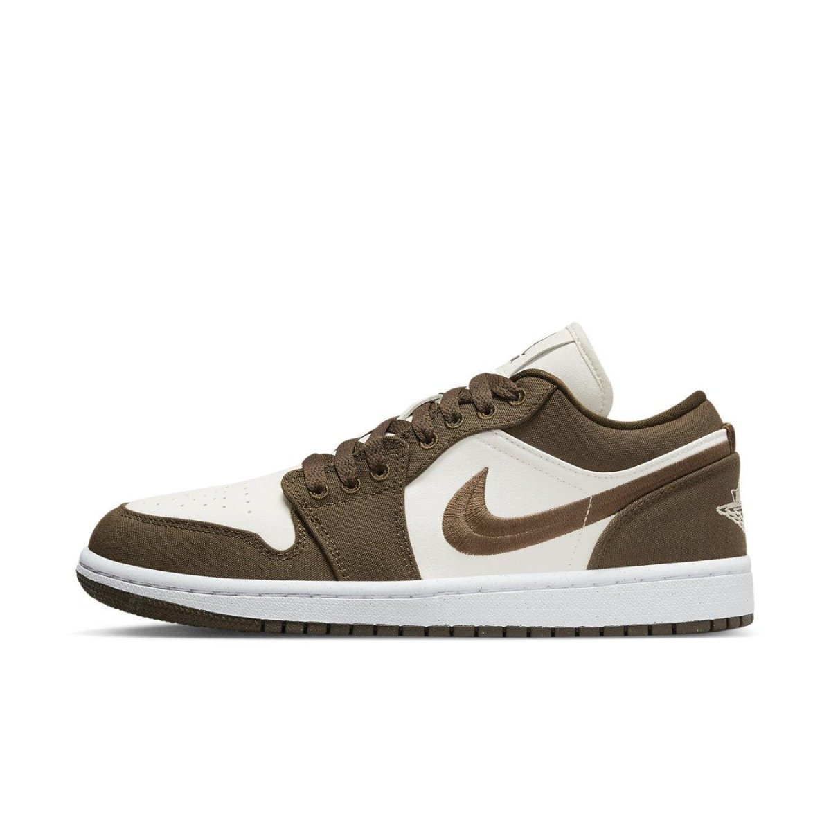Jordan 1 Low SE Light Olive women's sneaker in white and olive green with embroidered Swoosh and retro Wings logo.