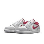 Jordan 1 Low SE Light Smoke Grey Gym Red sneakers with premium leather and suede, featuring breathable perforated toe.