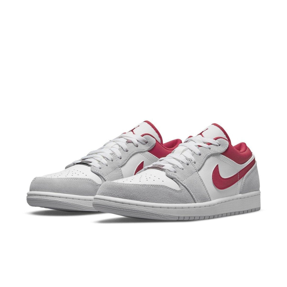 Jordan 1 Low SE Light Smoke Grey Gym Red sneakers with premium leather and suede, featuring breathable perforated toe.