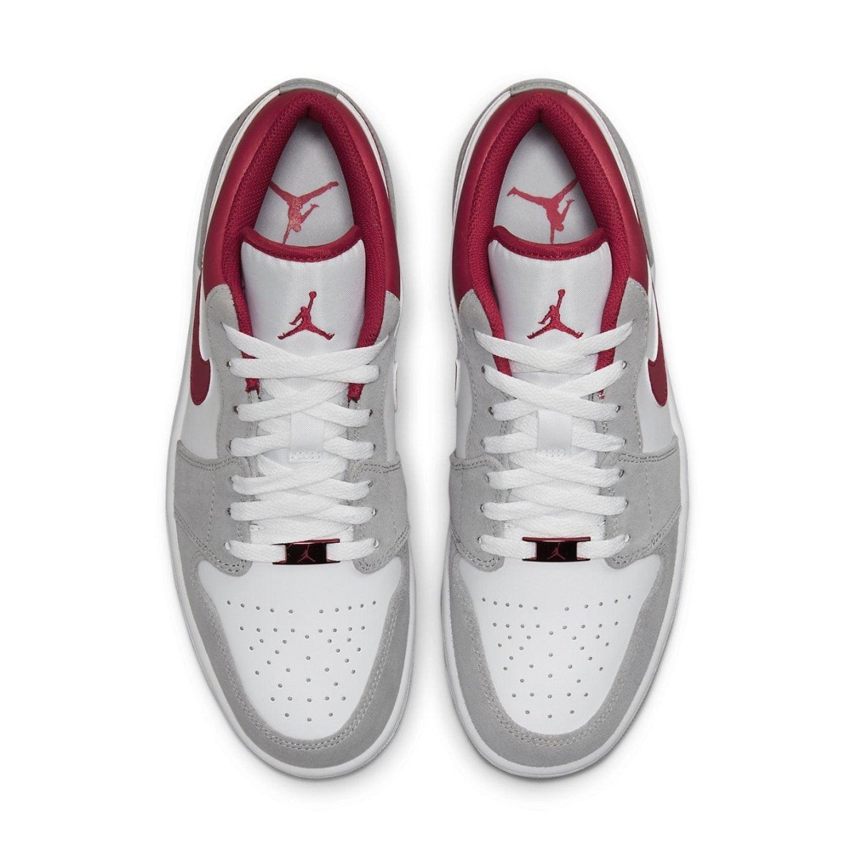 Air Jordan 1 Low SE Light Smoke Grey Gym Red sneakers, featuring a multi-textured design and breathable perforations.