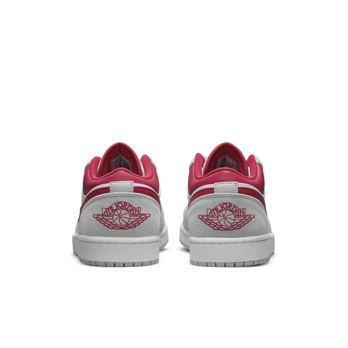 Air Jordan 1 Low SE Light Smoke Grey Gym Red, featuring rear view with red accents and iconic logo.