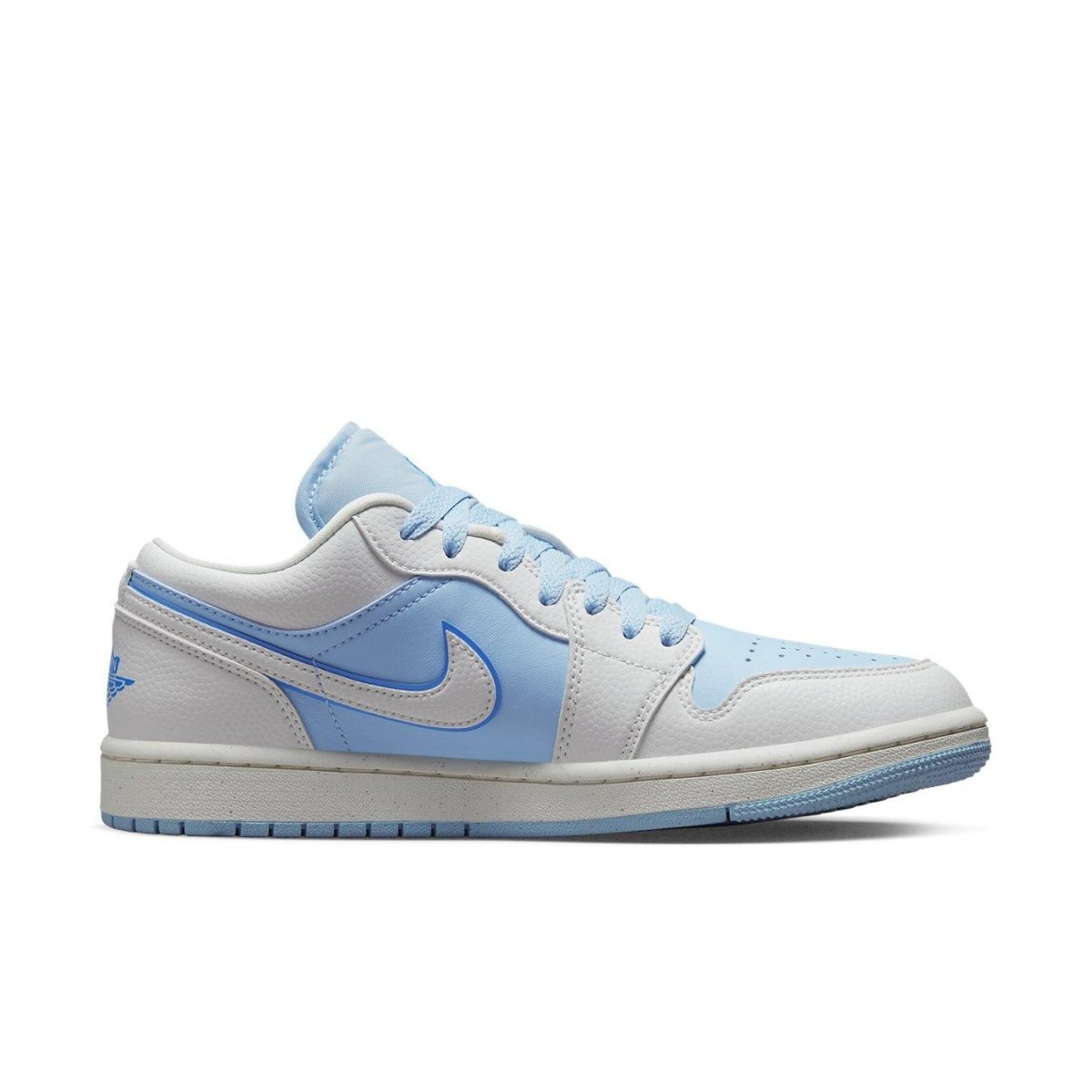 Jordan 1 Low SE Reverse Ice Blue (W) with white and light blue textured basketball upper.