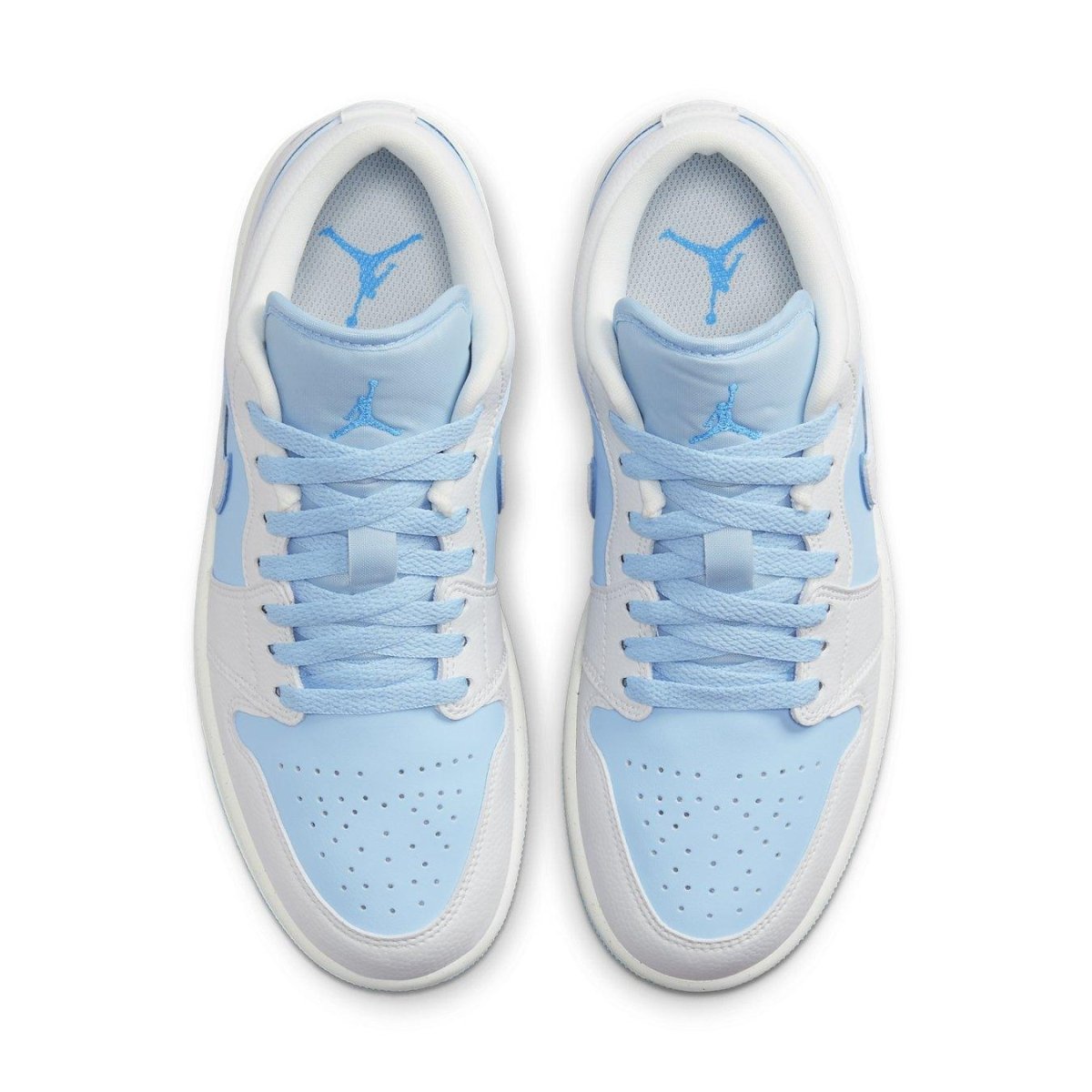 Jordan 1 Low SE Reverse Ice Blue (W) sneaker with textured white and light blue design.