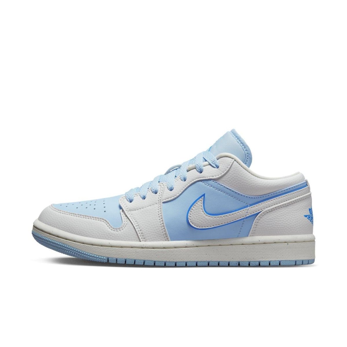 Jordan 1 Low SE Reverse Ice Blue (W) in white and light blue, featuring textured basketball surface.