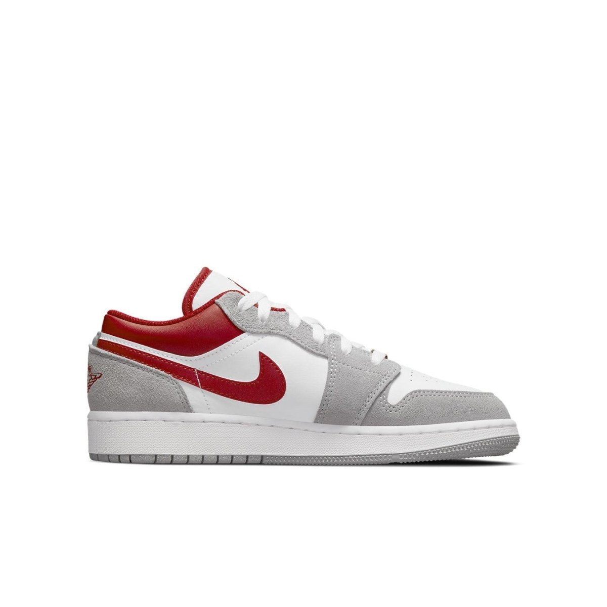 Jordan 1 Low SE Smoke Grey Gym Red sneaker featuring white leather and gray suede detailing.