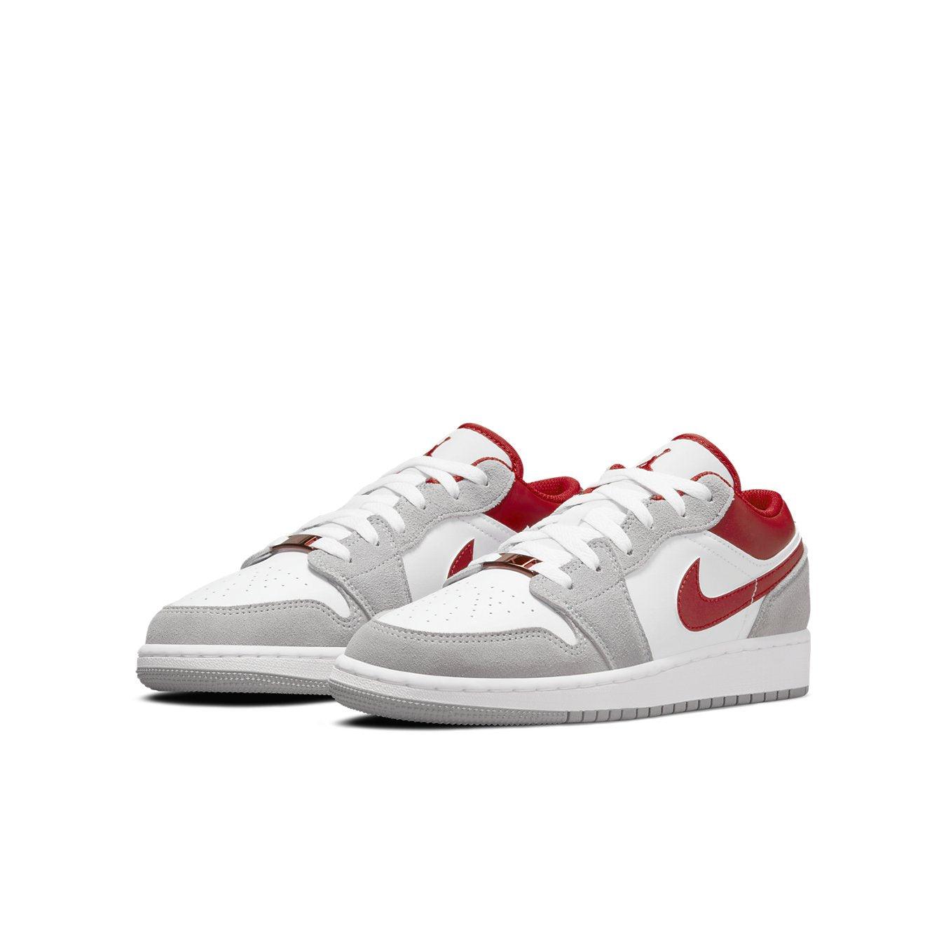 Nike Air Jordan 1 Low SE shoes in Light Smoke Grey and Gym Red with classic low-top silhouette.