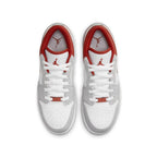 Top view of Air Jordan 1 Low SE Smoke Grey Gym Red sneakers featuring white leather and grey suede accents.