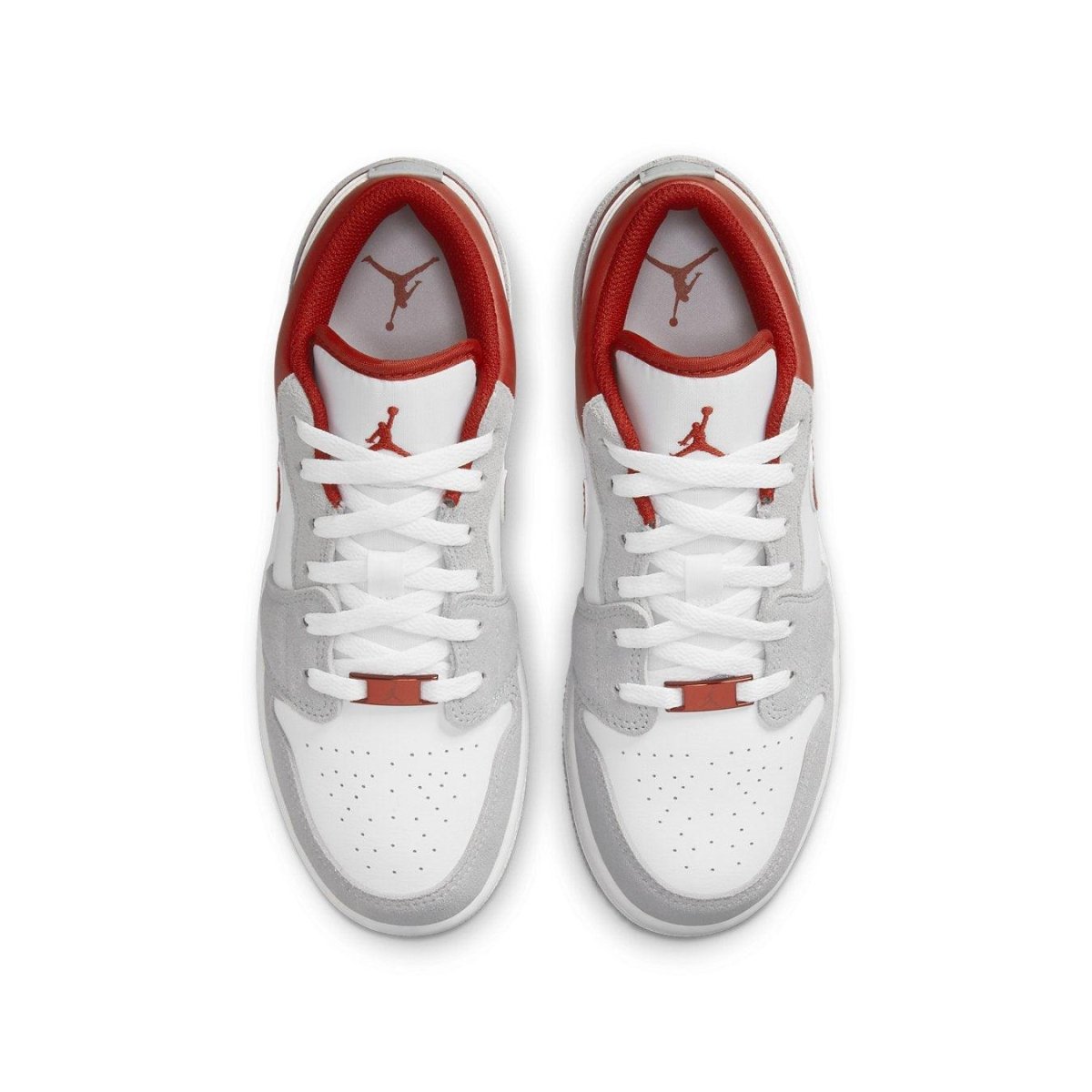 Top view of Air Jordan 1 Low SE Smoke Grey Gym Red sneakers featuring white leather and grey suede accents.