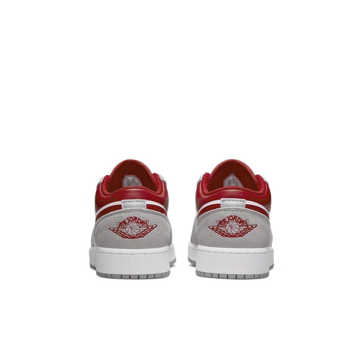 Back view of Air Jordan 1 Low SE Light Smoke Grey Gym Red, showcasing red accents and classic logo.