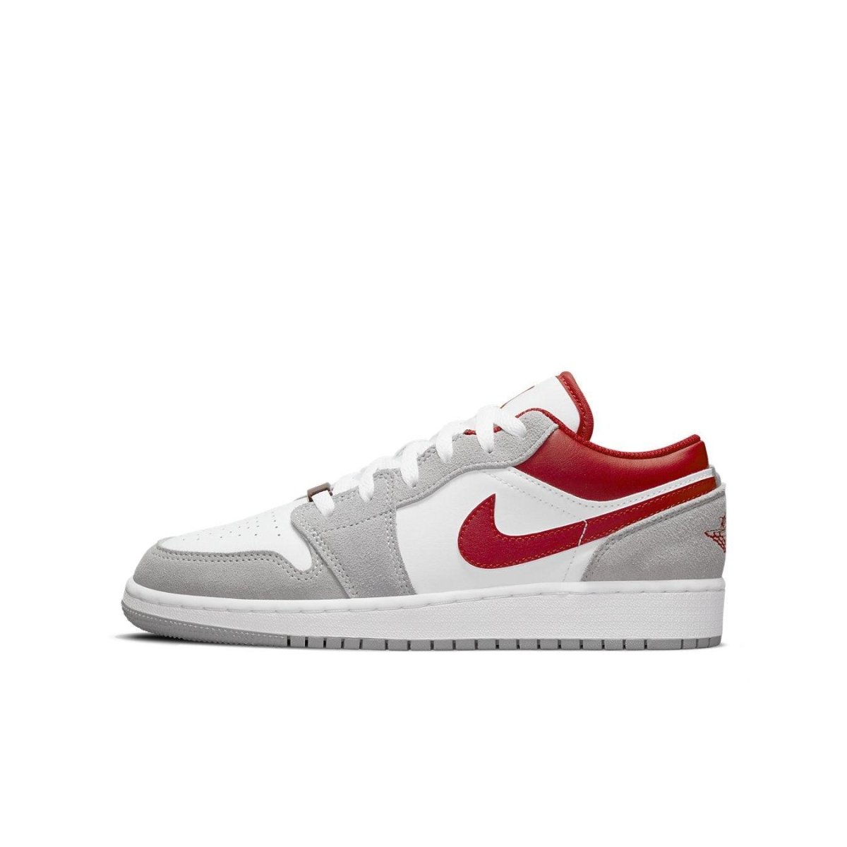 Air Jordan 1 Low SE in Light Smoke Grey and Gym Red with a classic silhouette and premium leather construction.
