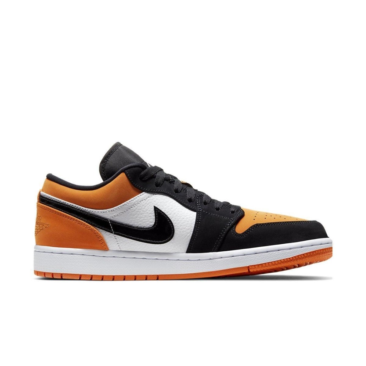 Jordan 1 Low Shattered Backboard in black, orange, and white colors with textured leather upper.