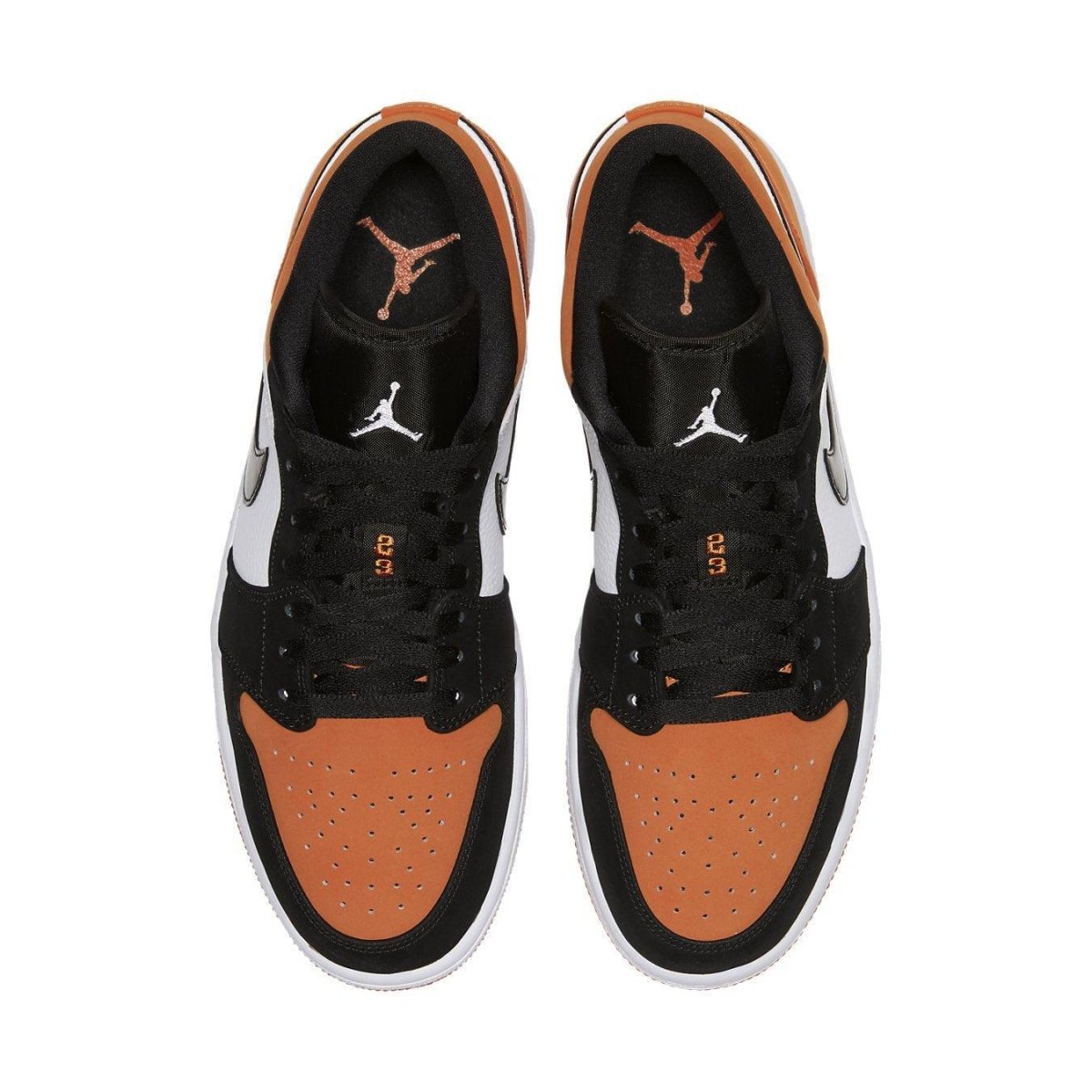 Jordan 1 Low Shattered Backboard in orange, black, and white colorway, featuring a sleek design and soft materials.