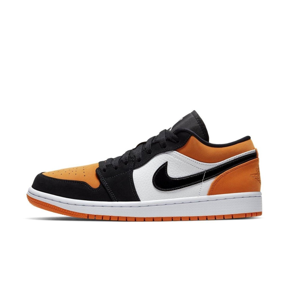 Jordan 1 Low Shattered Backboard sneaker in orange, black, and white colorway, featuring textured leather and velvet upper.