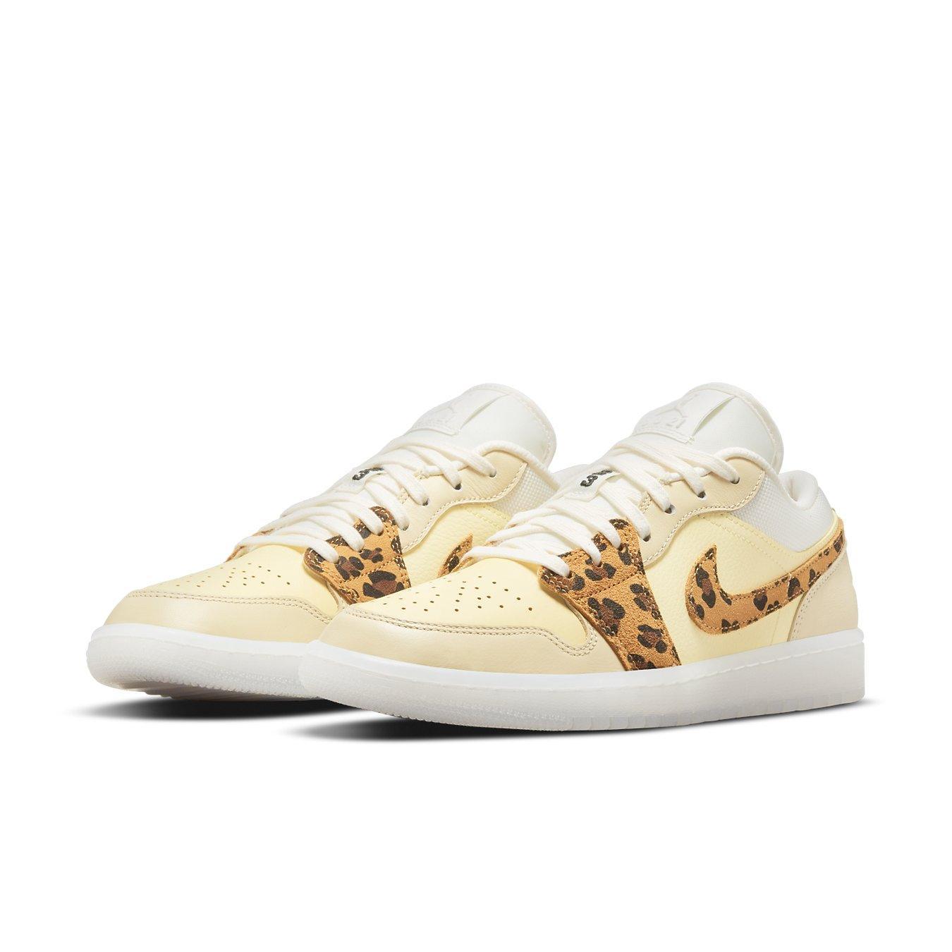 Jordan 1 Low SNKRS Day sneakers featuring yellow leather and leopard print accents, celebrating SNKRS app anniversary.