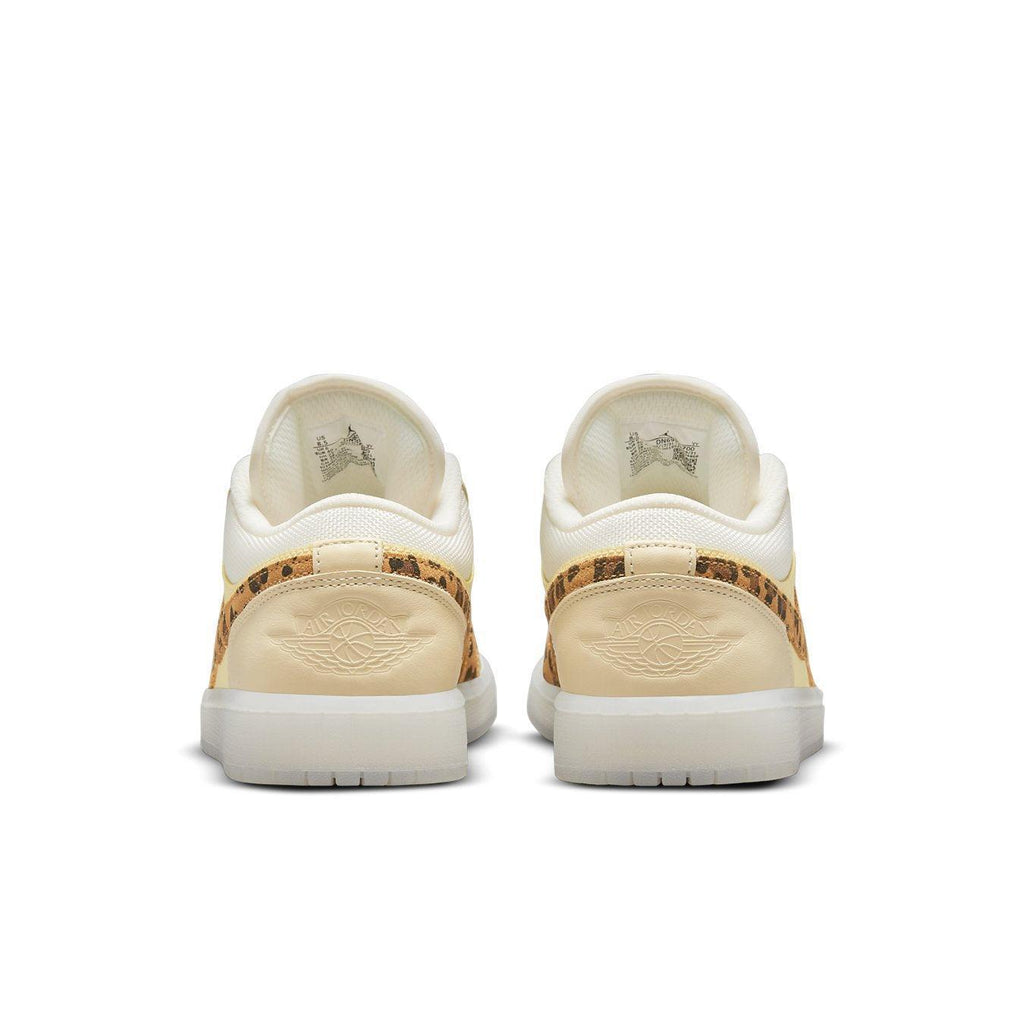 Back view of Air Jordan 1 Low SNKRS Day sneakers featuring leather and leopard print details.