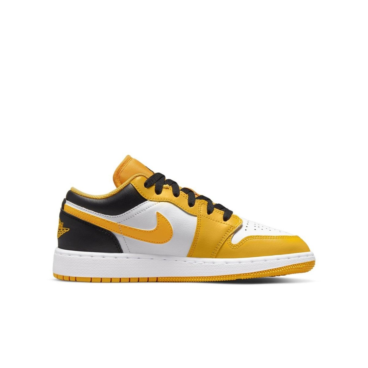 Air Jordan 1 Low Taxi GS sneaker in yellow, white, and black, featuring synthetic leather and oversized tongue.