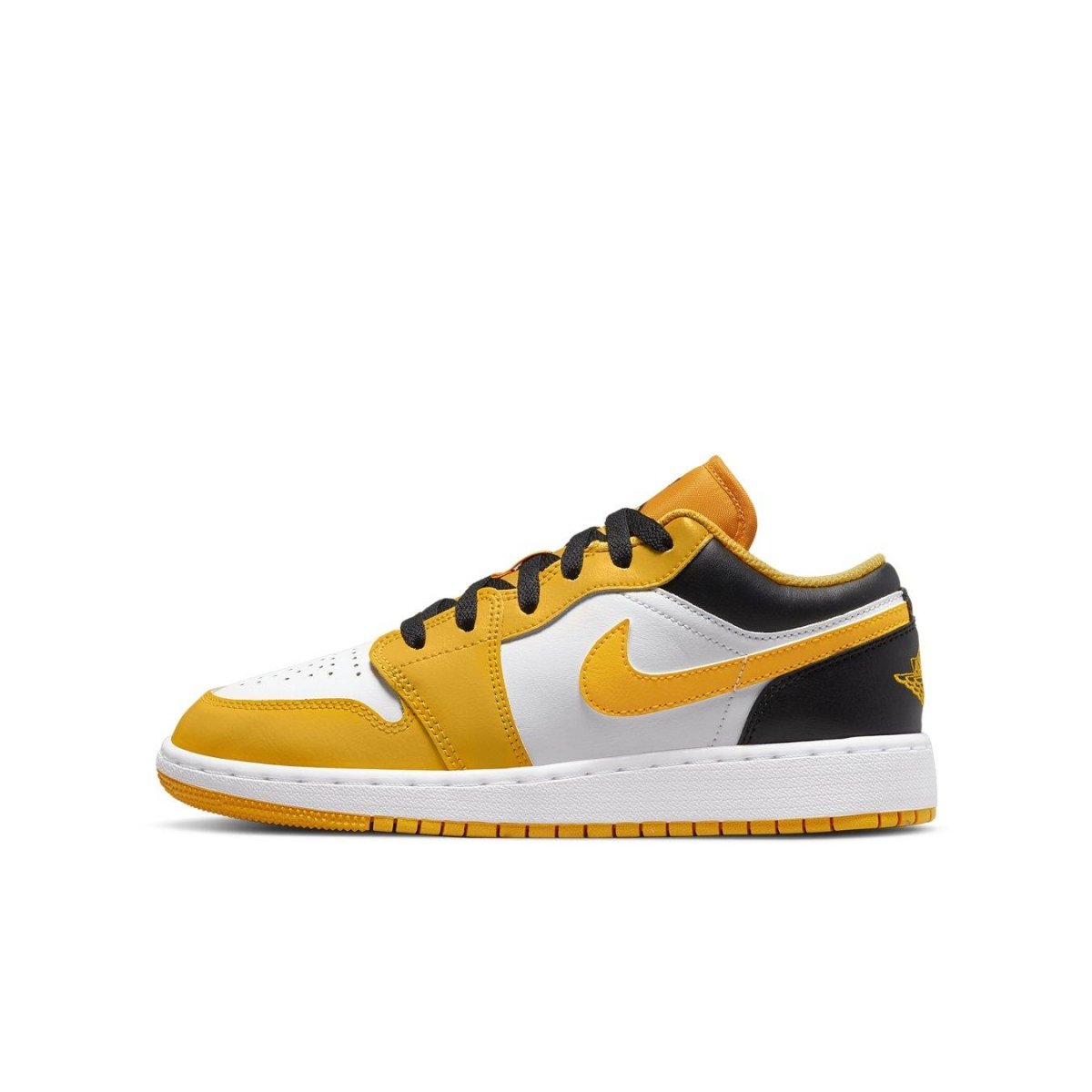Air Jordan 1 Low Taxi GS in synthetic leather with white, yellow, and black accents, perfect for kids.