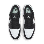Top view of Jordan 1 Low Tie-Dye sneakers featuring black and white leather design with mint accents.