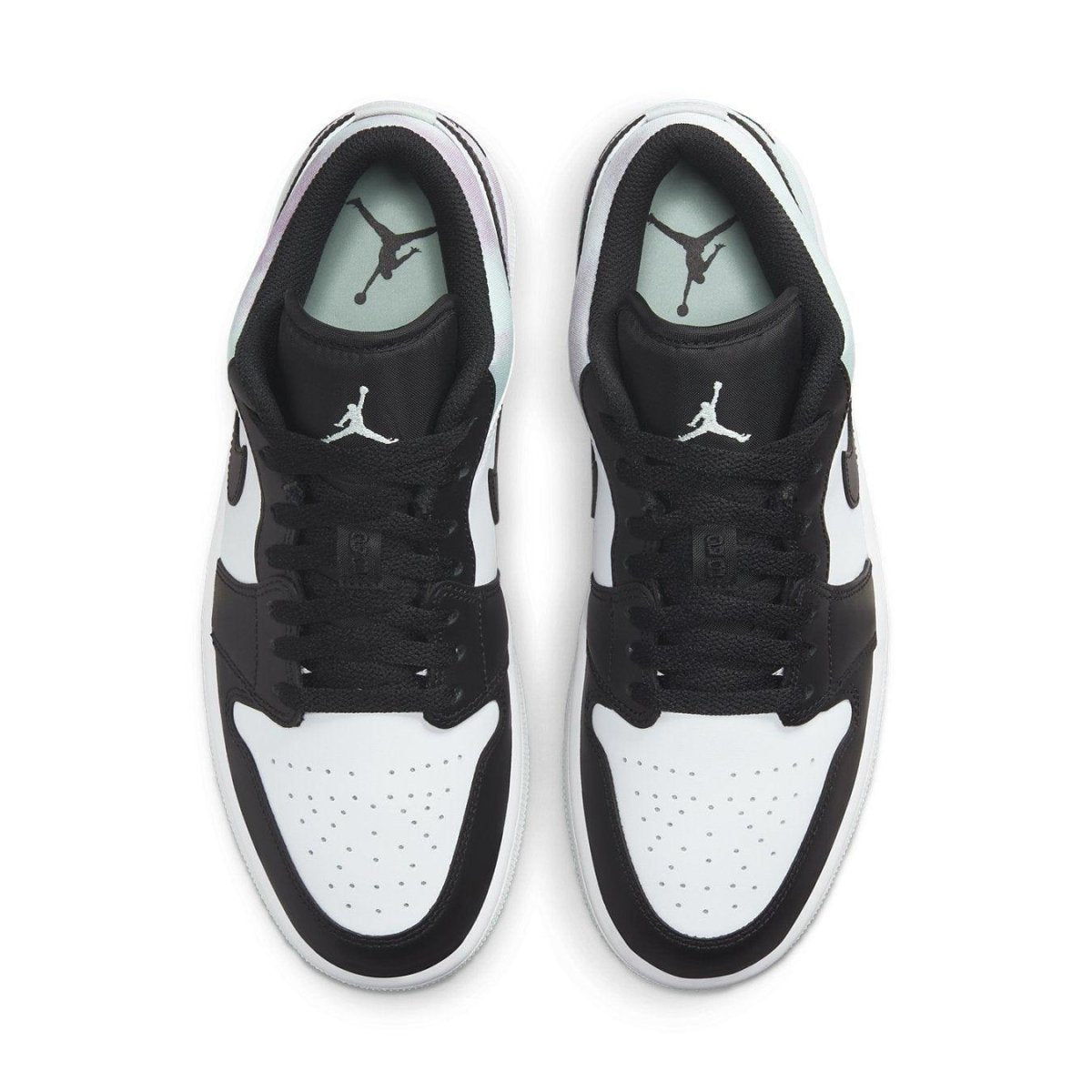 Top view of Jordan 1 Low Tie-Dye sneakers featuring black and white leather design with mint accents.