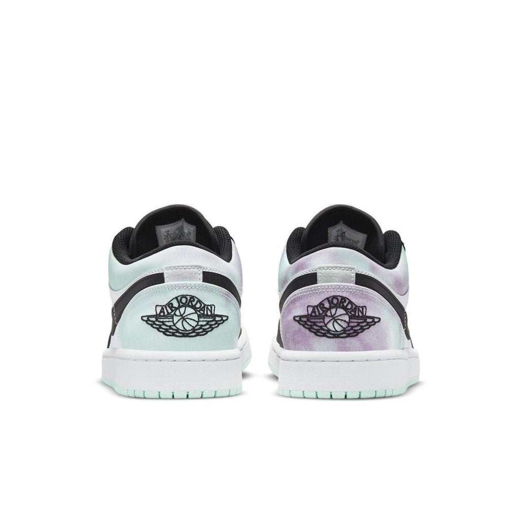 Air Jordan 1 Low Tie-Dye rear view showcasing mint, pink, and purple tie-dye design with black accents.