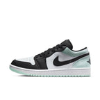 Jordan 1 Low Tie-Dye sneaker in white, black, and mint green colorway with tie-dye accents.