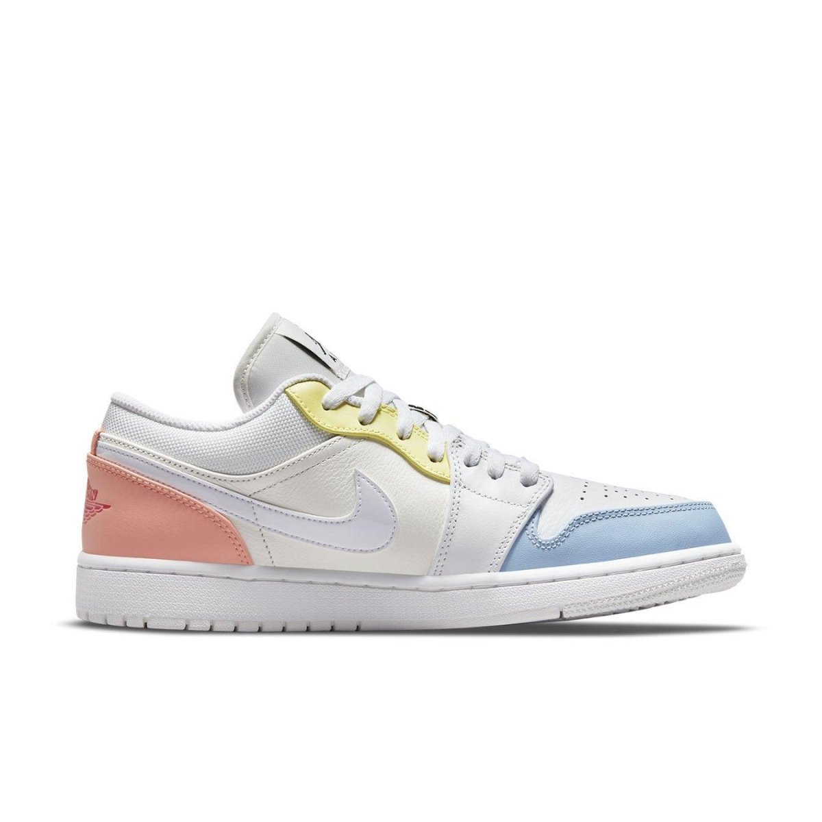 Jordan 1 Low To My First Coach featuring a white base with pastel color accents in pink, yellow, and blue.