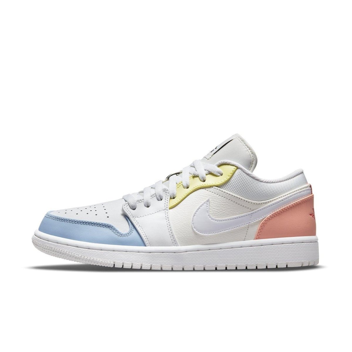 Jordan 1 Low To My First Coach featuring a white low-top design with pastel blue, yellow, and coral accents.